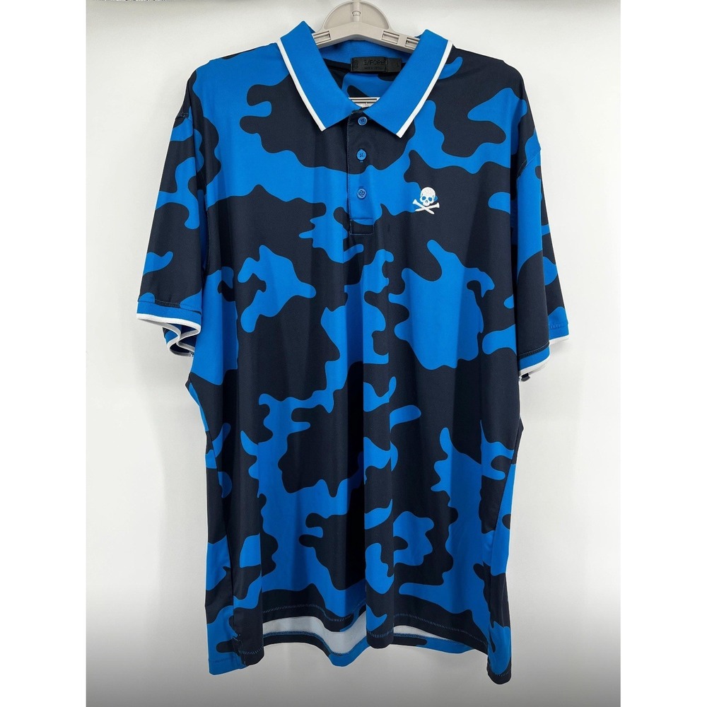 G/Fore Golf Mens Stretch Polyester Polo Skull LARGE‎ Black Blue Exploded Camo